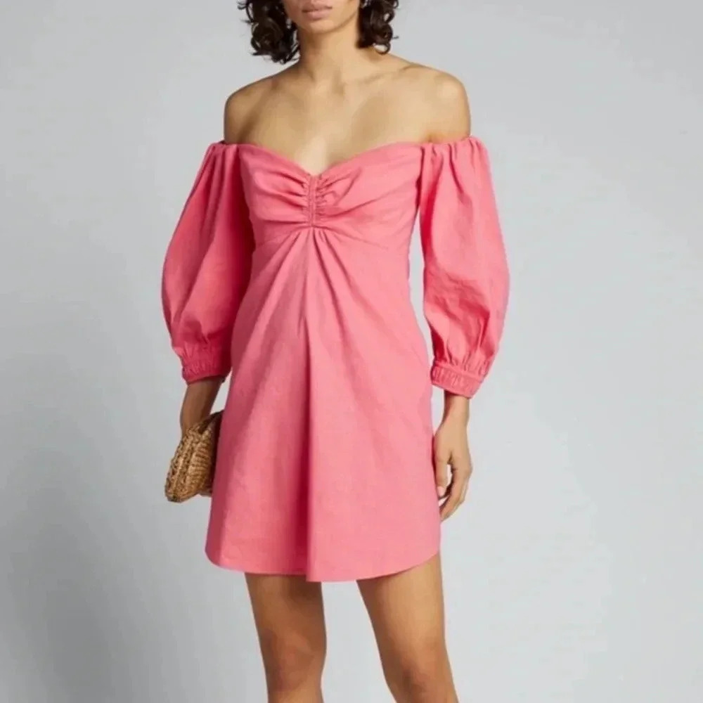 NWT A.L.C. Dress Mila Off Shoulder Dramatic Puff Sleeve Linen Blend size 4